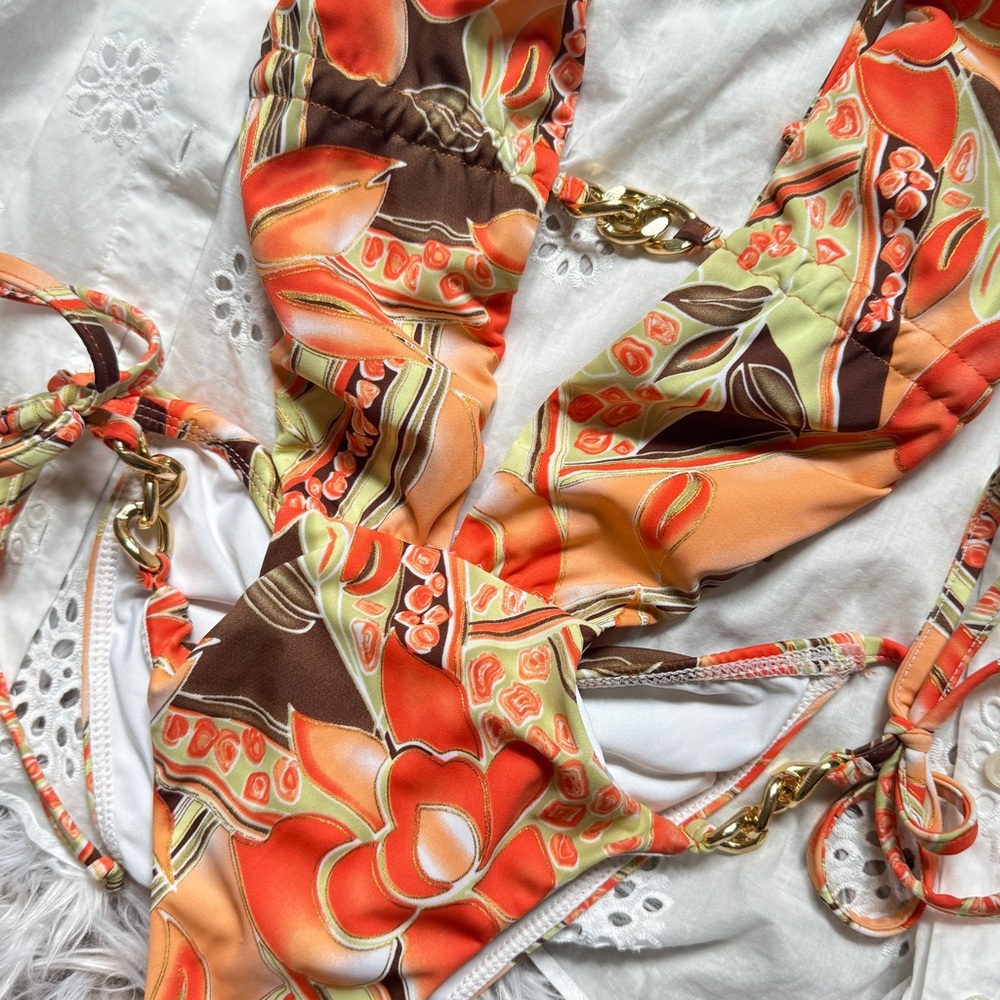 Tropical Floral Cutout One Piece Swimsuit Orange & Brown Halter Tie, Cheeky Fit - Picture 8 of 12